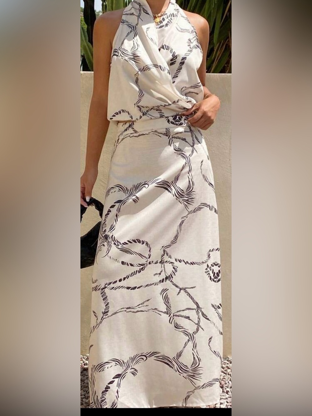 Woman’s 2 pieces set-Halter Neck Sleeveless Printed Top & Long Skirt